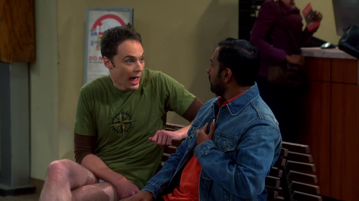 Sheldon scares a commuter. (The Big Bang Theory S08E01)