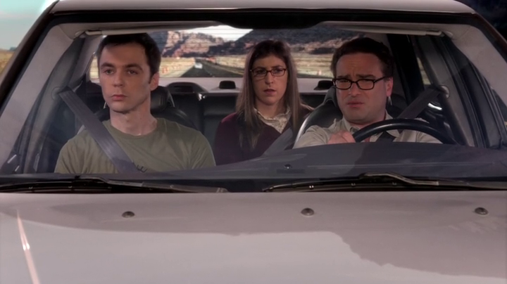 Amy and Leonard suffer another agonising drive home with Sheldon. (The Big Bang Theory S08E01)