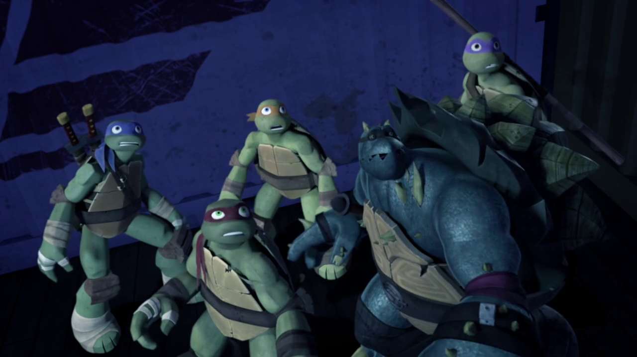 The Turtles and Slash look on in horror. (Teenage Mutant Ninja Turtles S02E17)
