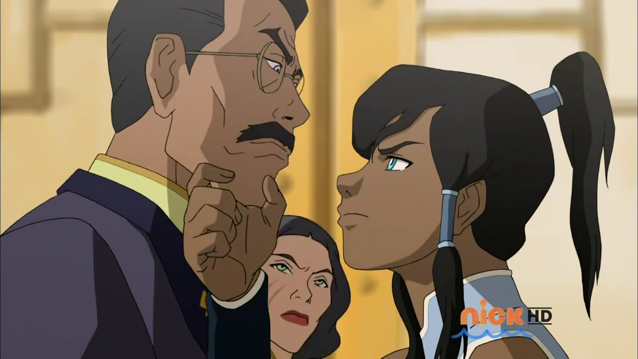 Korra confronts President Raiko. (The Legend of Korra S03E01)