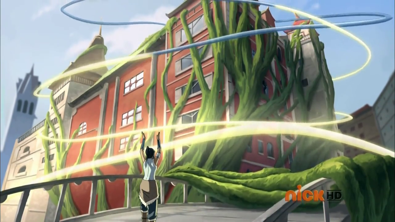 Korra attempts to remove the Spirit World vines. (The Legend of Korra S03E01)