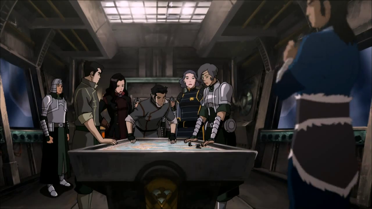 Team Avatar deciding on the course of battle. (The Legend of Korra S03E12)