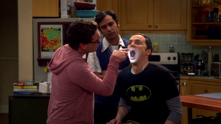 Raj checks for spitballs. (The Big Bang Theory S08E02)