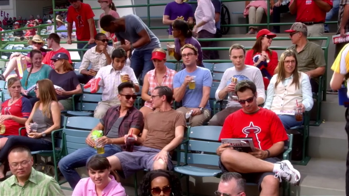 The gang watching the game.  (The Big Bang Theory S08E03)