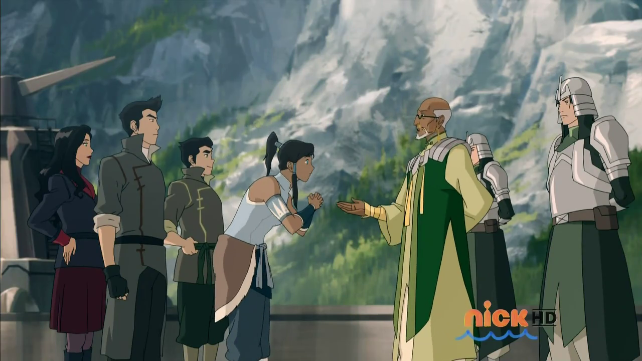 Team Avatar is greeted by Aiwei. (The Legend of Korra S03E05)