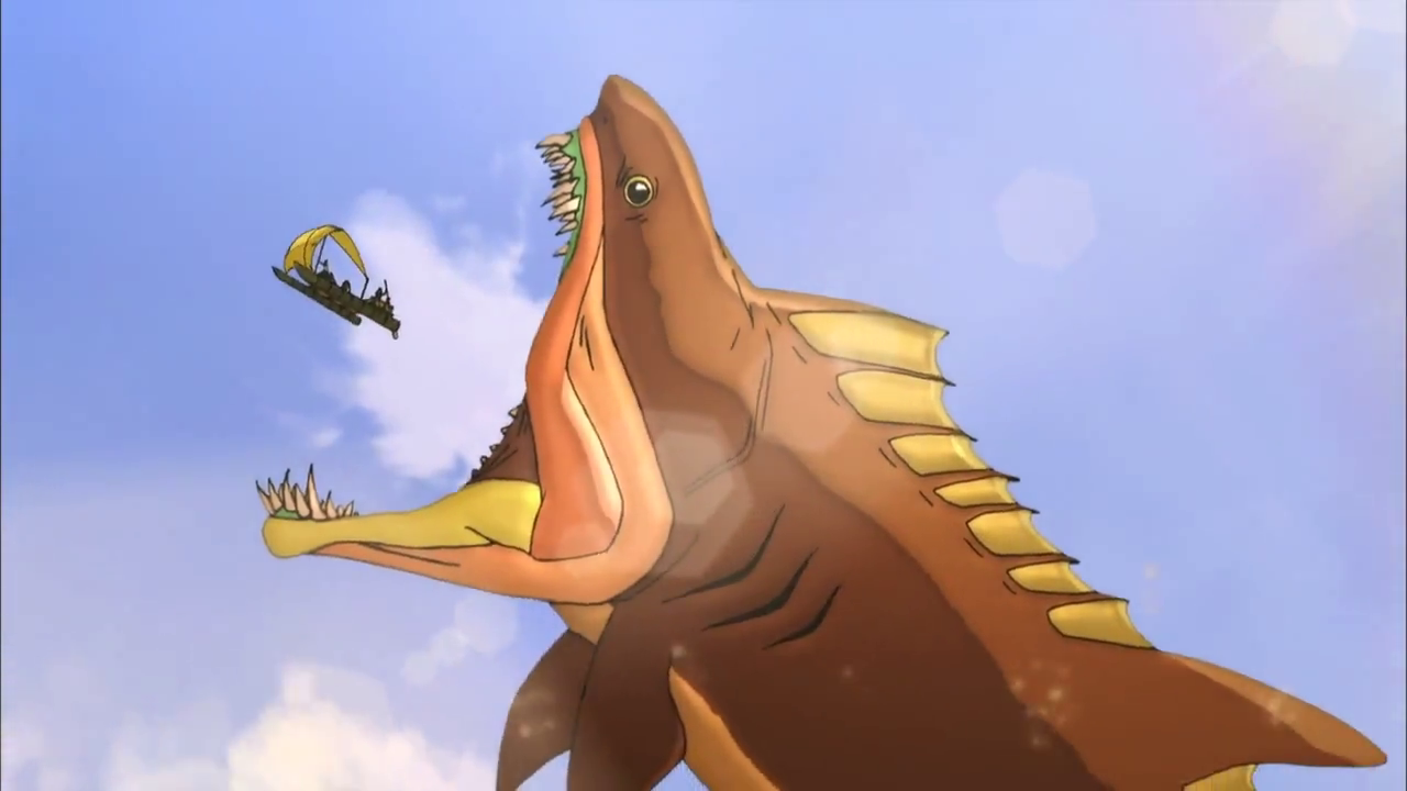 A sandshark attempts to eat Korra and Asami. (The Legend of Korra S03E10)
