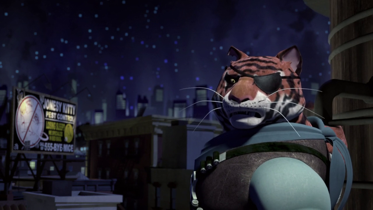 Check out the signboard behind Tiger Claw! (Teenage Mutant Ninja Turtles S02E20)