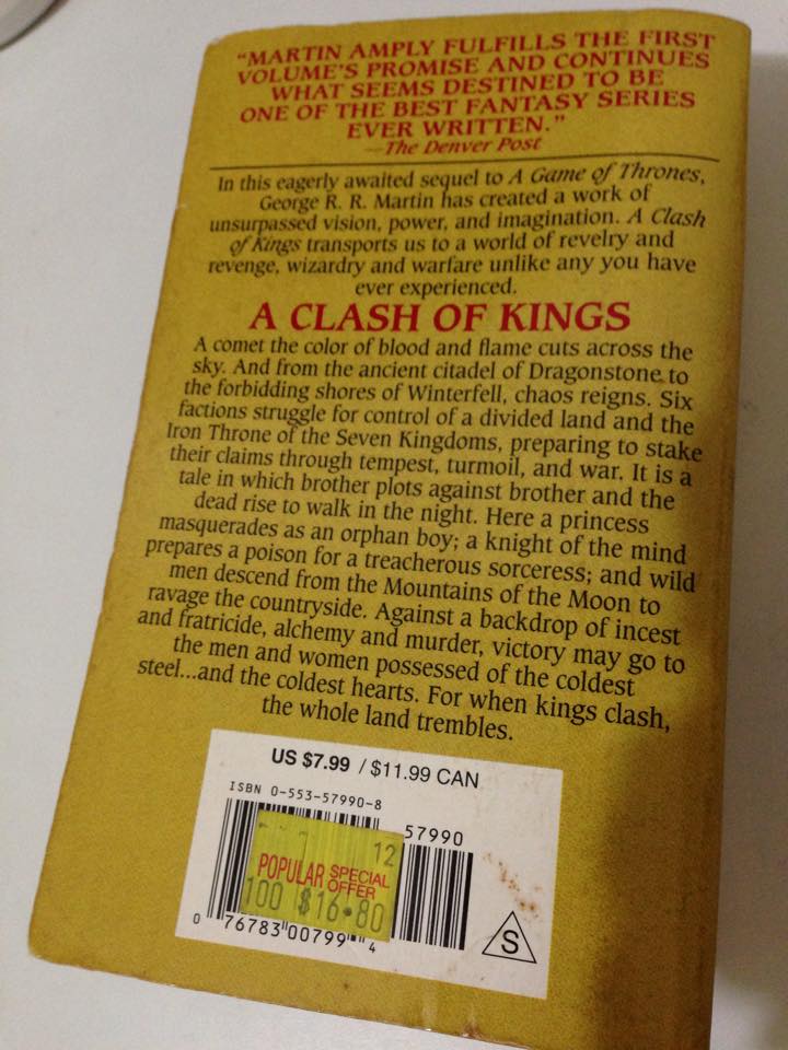 Back of "A Clash of Kings" by George R R Martin (Book 2 of "A Song of Ice and Fire")