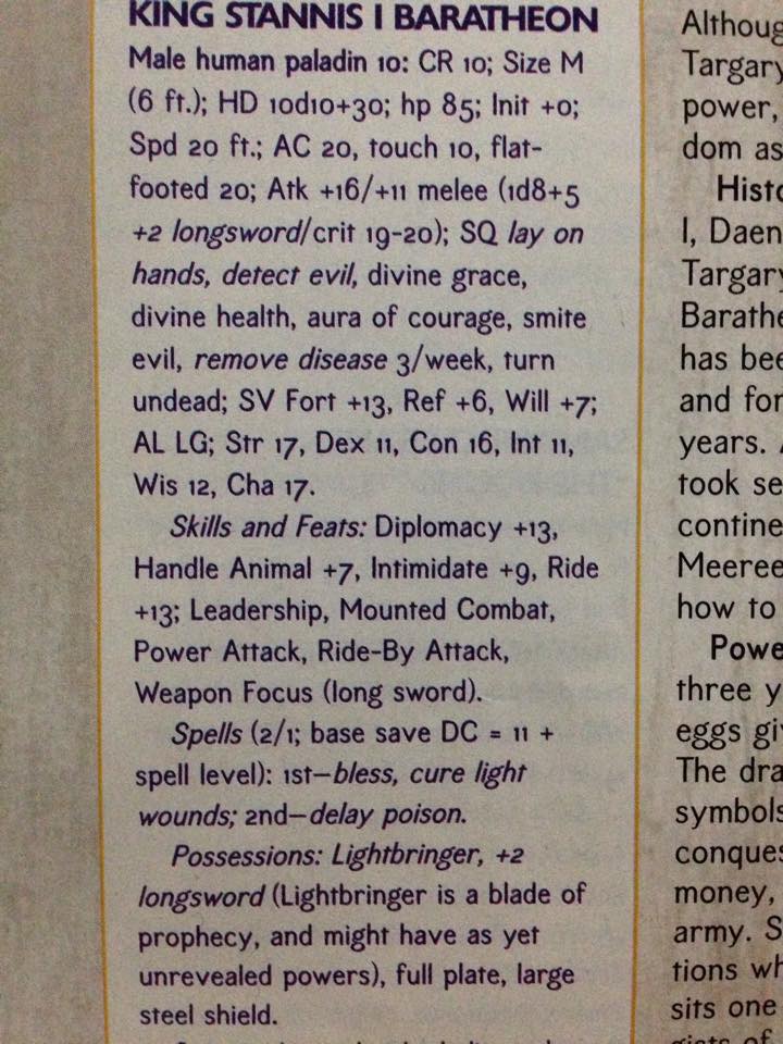 Stannis Baratheon's stats from Dragon Magazine #307, as he appears at the end of "A Clash of Kings" by George R R Martin (Book 2 of "A Song of Ice and Fire")