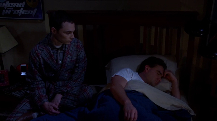 Sheldon peeps at Leonard sleeping. (The Big Bang Theory S08E09)