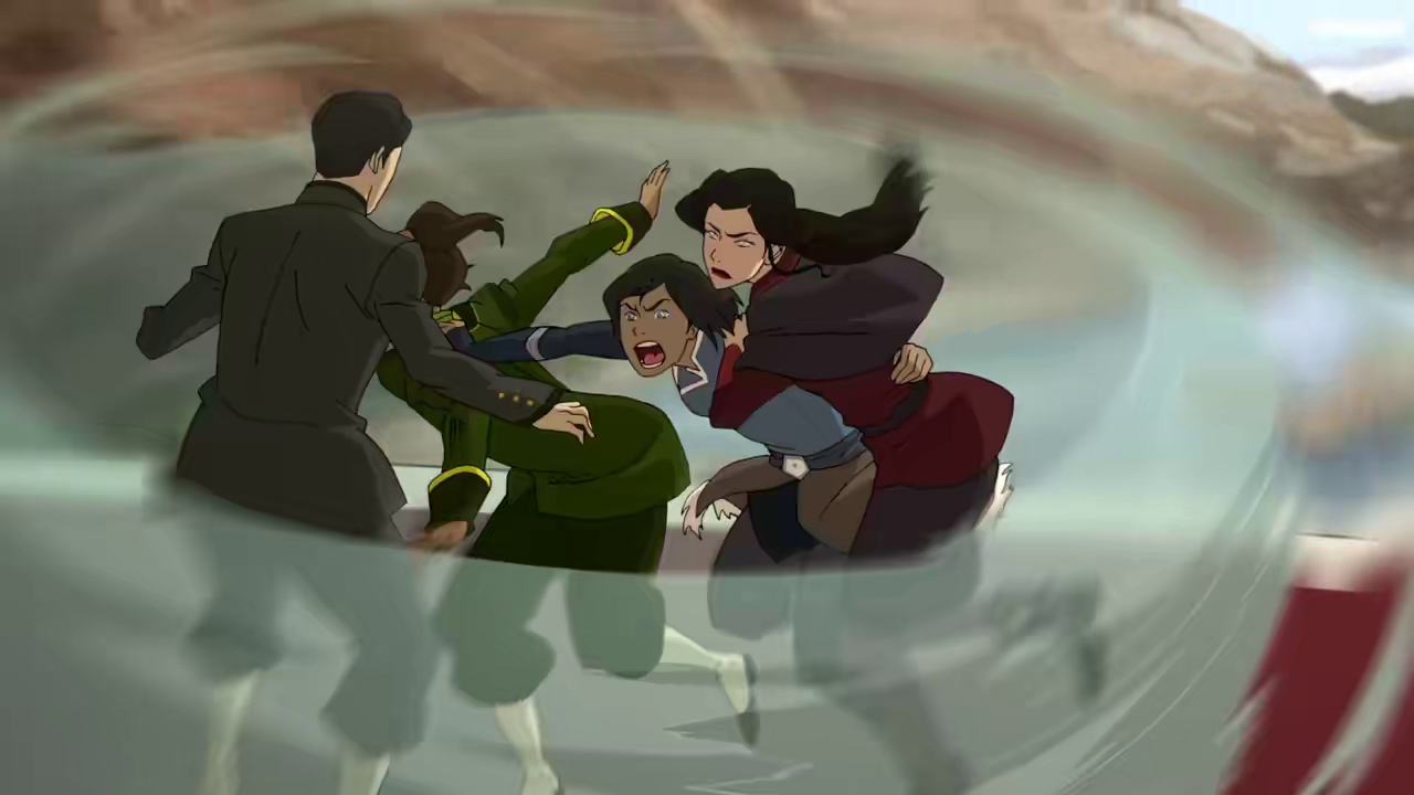 Korra Airbends to safety. ("Reunion" - The Legend of Korra S04E07)