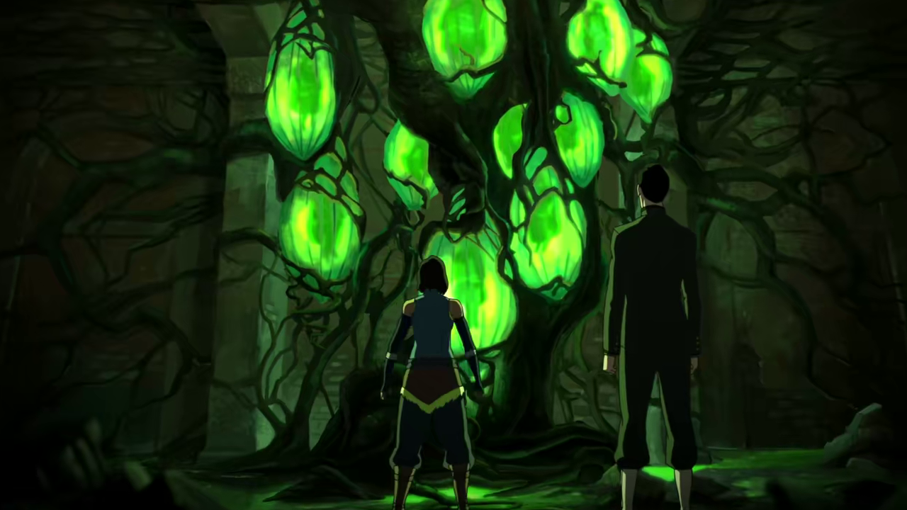 Korra and Mako come upon the victims of the Spirit Vines. ("Beyond the Wilds" - The Legend of Korra S04E09)