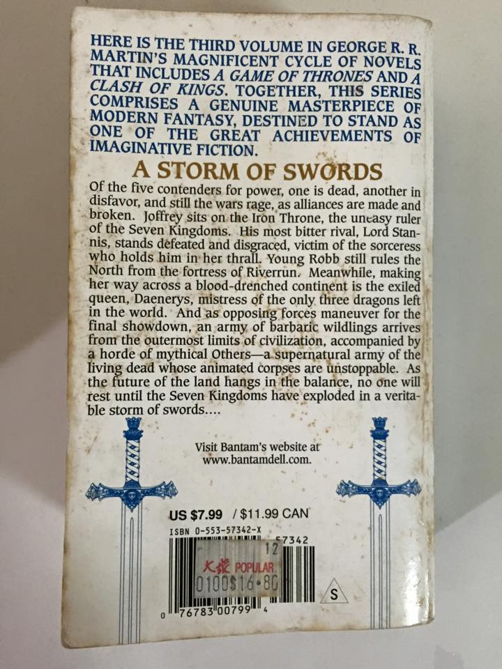 The back of "A Storm of Swords" by George R R Martin (Book 3 of "A Song of Ice and Fire")