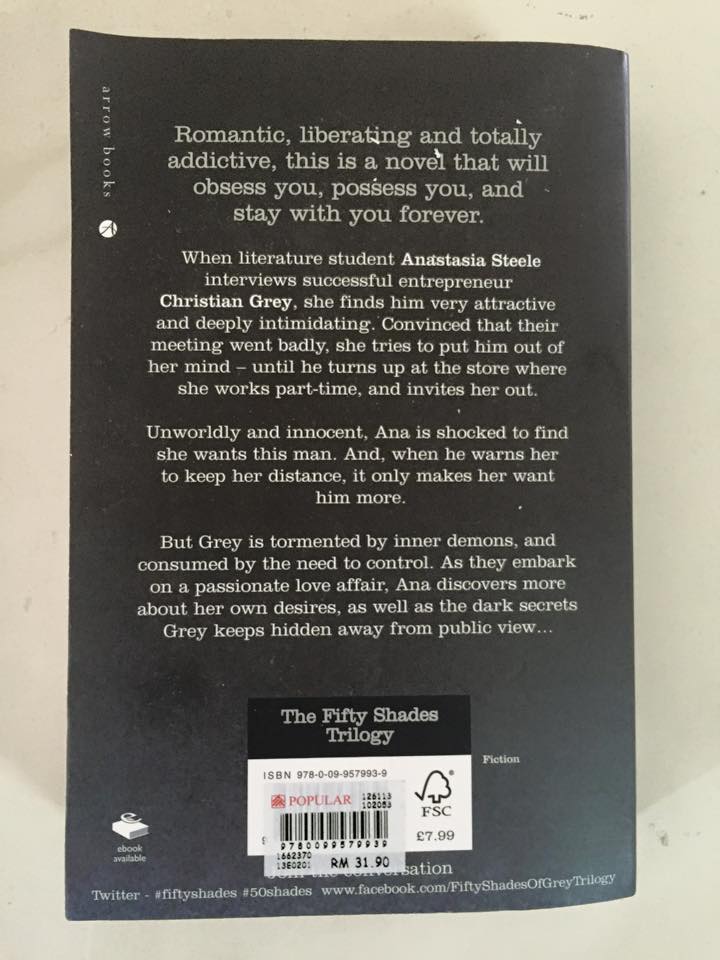 Back cover of "Fifty Shades of Grey" by E.L. James (Book 1 of the "Fifty Shades" trilogy)
