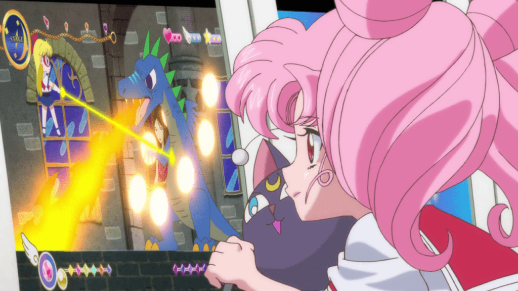 Chibiusa aces the Sailor V game. ("Secret –Sailor Jupiter–"" - Sailor Moon Crystal S01E17)