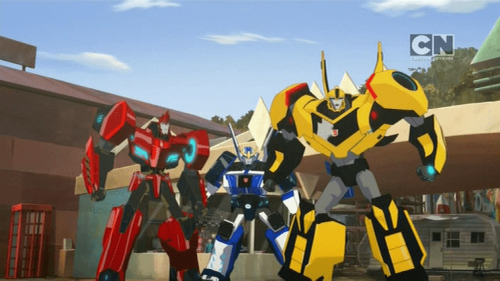 Sideswipe, Strongarm, and Bumblebee. (Pilot (Part 2) - S01E02 of Transformers: Robots in Disguise)