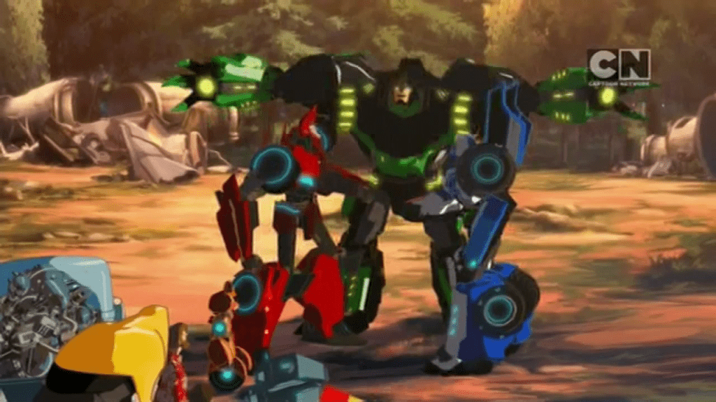 Grimlock and his pals. (Pilot (Part 2) - S01E02 of Transformers: Robots in Disguise)