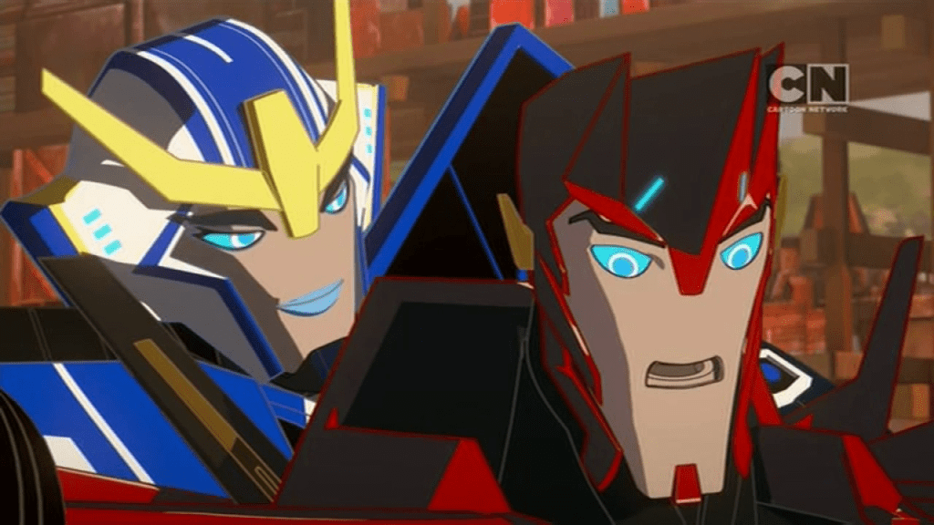 Sideswipe learns to trust Strongarm. ("Trust Exercises" - S01E03 of Transformers: Robots in Disguise)