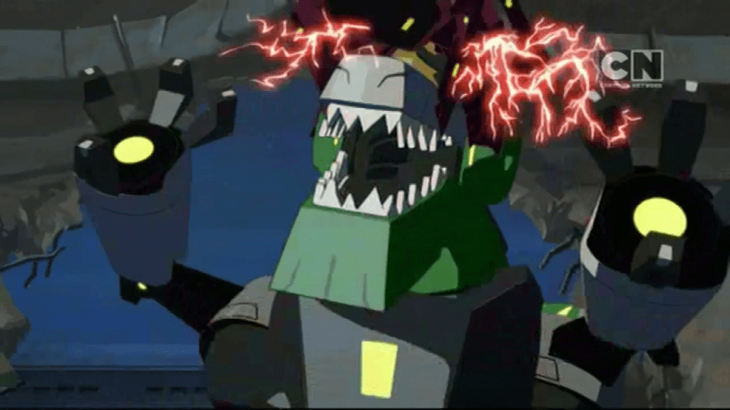 Chop Shop attacks Grimlock. ("More than Meets the Eye" S01E04 of Transformers: Robots in Disguise)