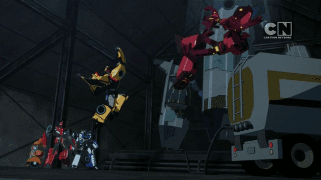 Bumblebee uppercuts Chop Shop into oblivion. ("More than Meets the Eye" S01E04 of Transformers: Robots in Disguise)