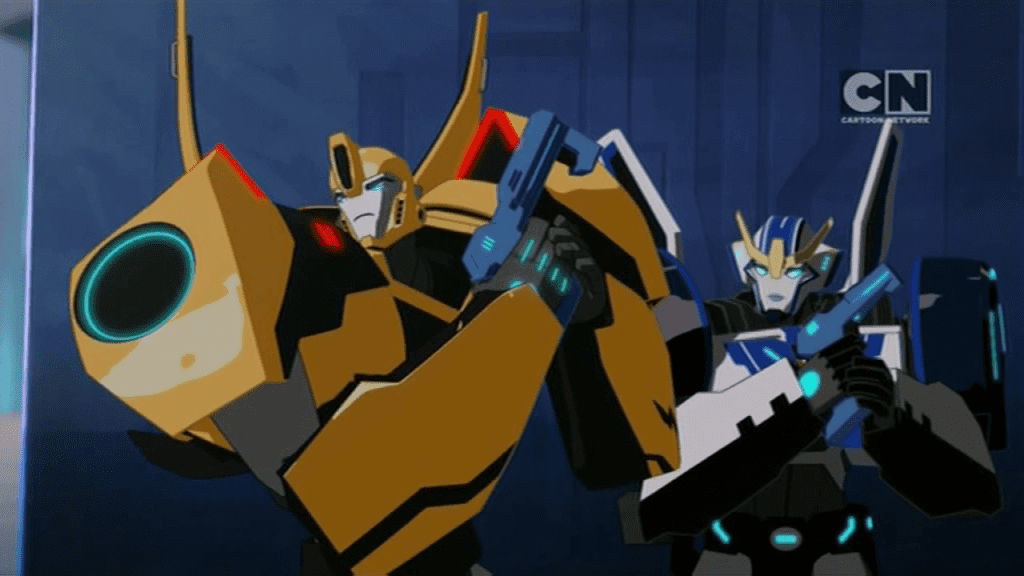 Bumblebee and Strongarm. ("Pilot (Part 1)" - S01E01 of Transformers: Robots in Disguise)