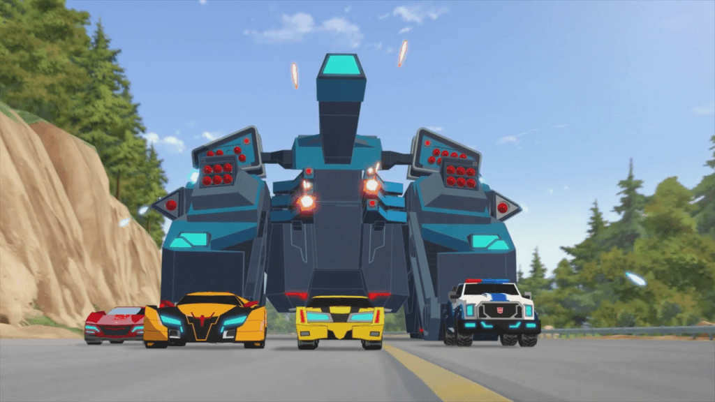 Tank vs cars. ("One of Our Mini-Cons Is Missing" Transformers: Robots in Disguise S01E17)