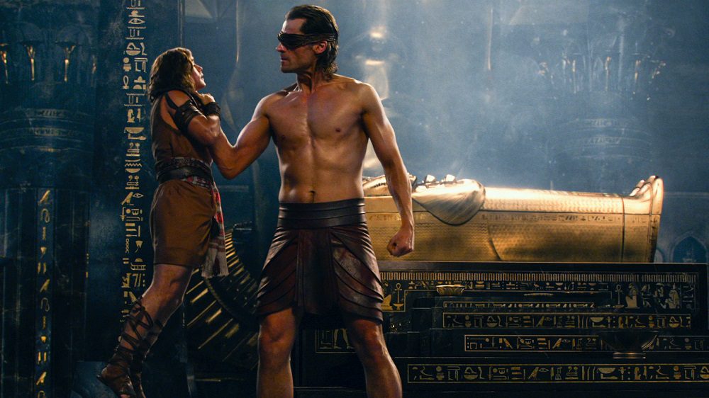 Horus (Nicolaj Coster-Waldau) has Bek (Brenton Thwaites) in a tight spot in "Gods of Egypt." (Lionsgate & Cathay-Keris Films)