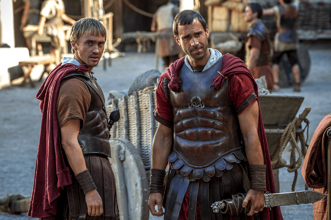 Lucius (Tom Felton) and Clavius (Joseph Fiennes) in "Risen." (Sony Pictures)