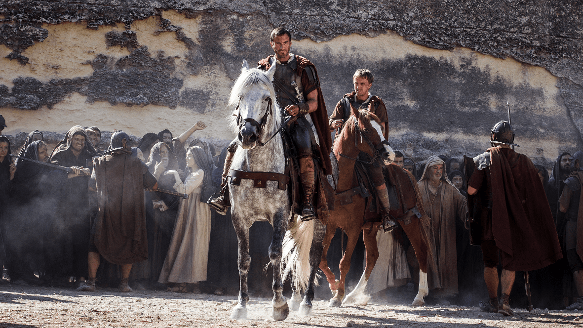 Clavius and Lucius ride horseback in "Risen." (Sony Pictures)