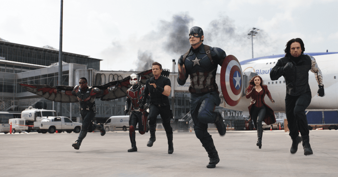 Captain America (Chris Evans) leads Winter Soldier (Sebastian Stan), Scarlet Witch (Elizabeth Olsen), Hawkeye (Jeremy Renner), Ant-Man (Paul Rudd), and Falcon (Anthony Mackie) into battle in "Captain America: Civil War." (Walt Disney Pictures)