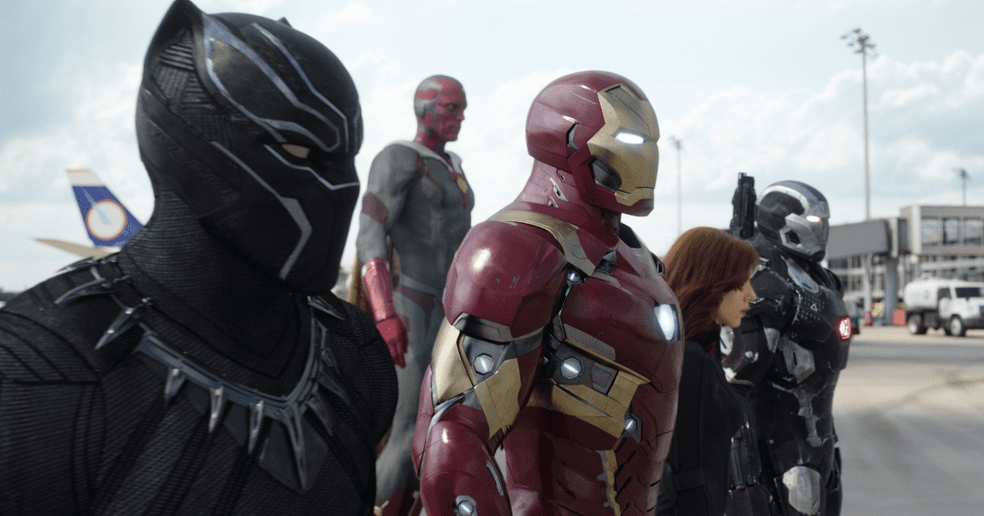 Iron Man (Robert Downey, Jr) leads Black Panther (Chadwick Boseman), Vision (Paul Bettany), War Machine (Don Cheadle), and Black Widow (Scarlett Johnasson) in "Captain America: Civil War." (Walt Disney Pictures)