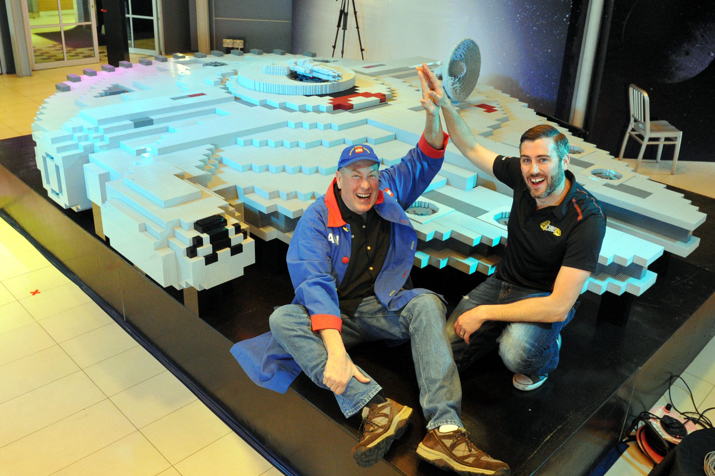 Dan and Chris Steininger elated at the completion of the LEGO replica of the Millennium Falcon. (Legoland Malaysia)