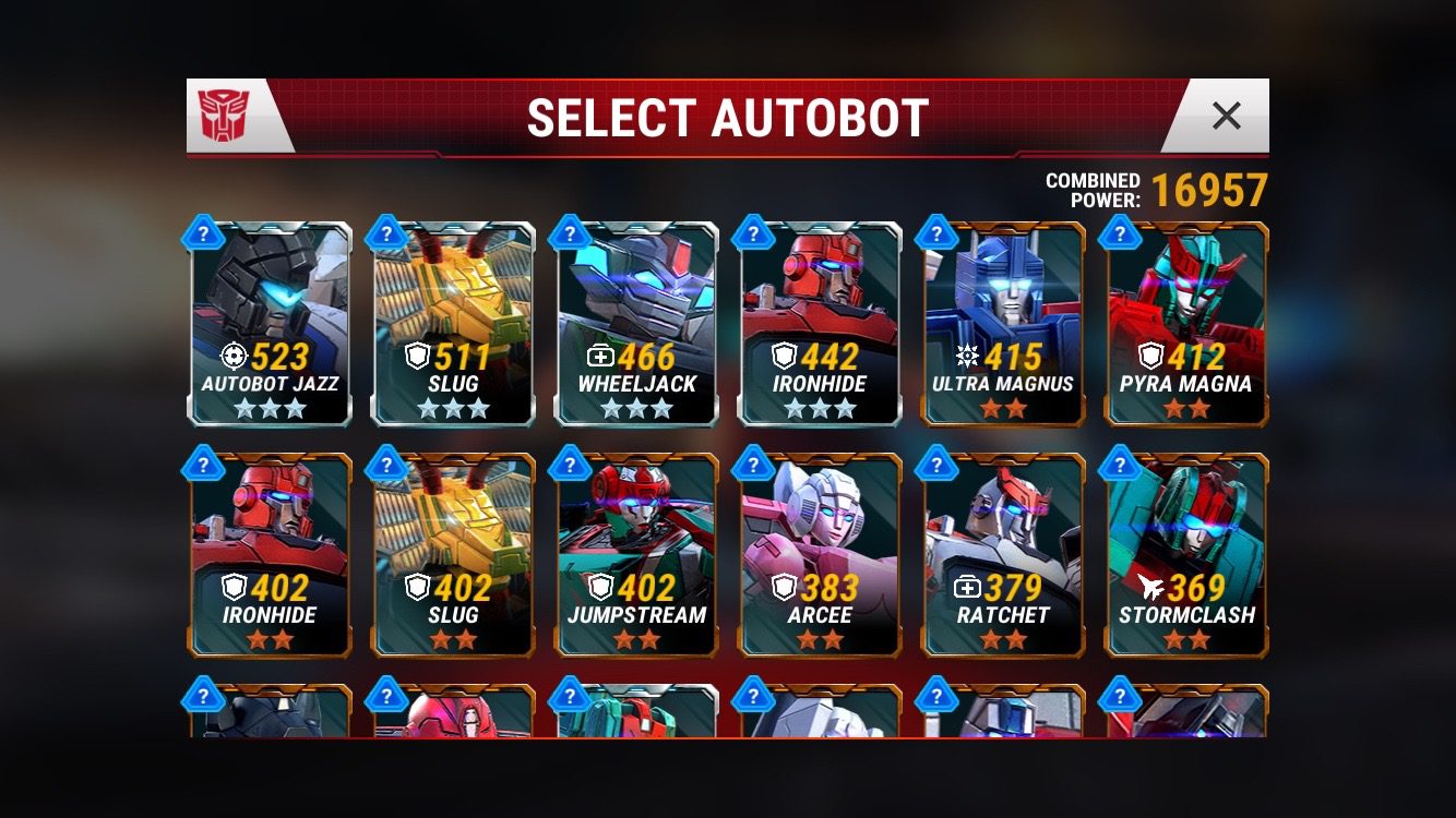 Character selection screen. (Transformers Earth Wars)
