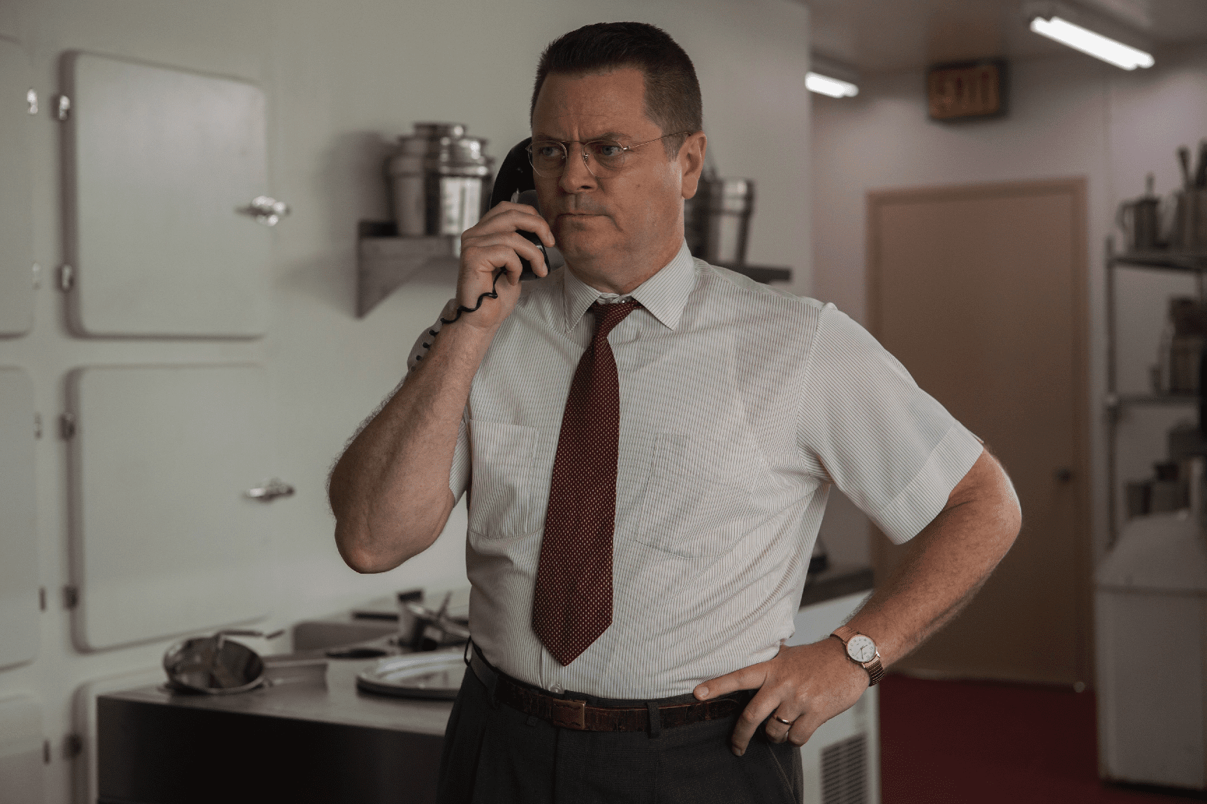 Dick McDonald (Nick Offerman) makes a call in "The Founder". (Shaw Organisation)