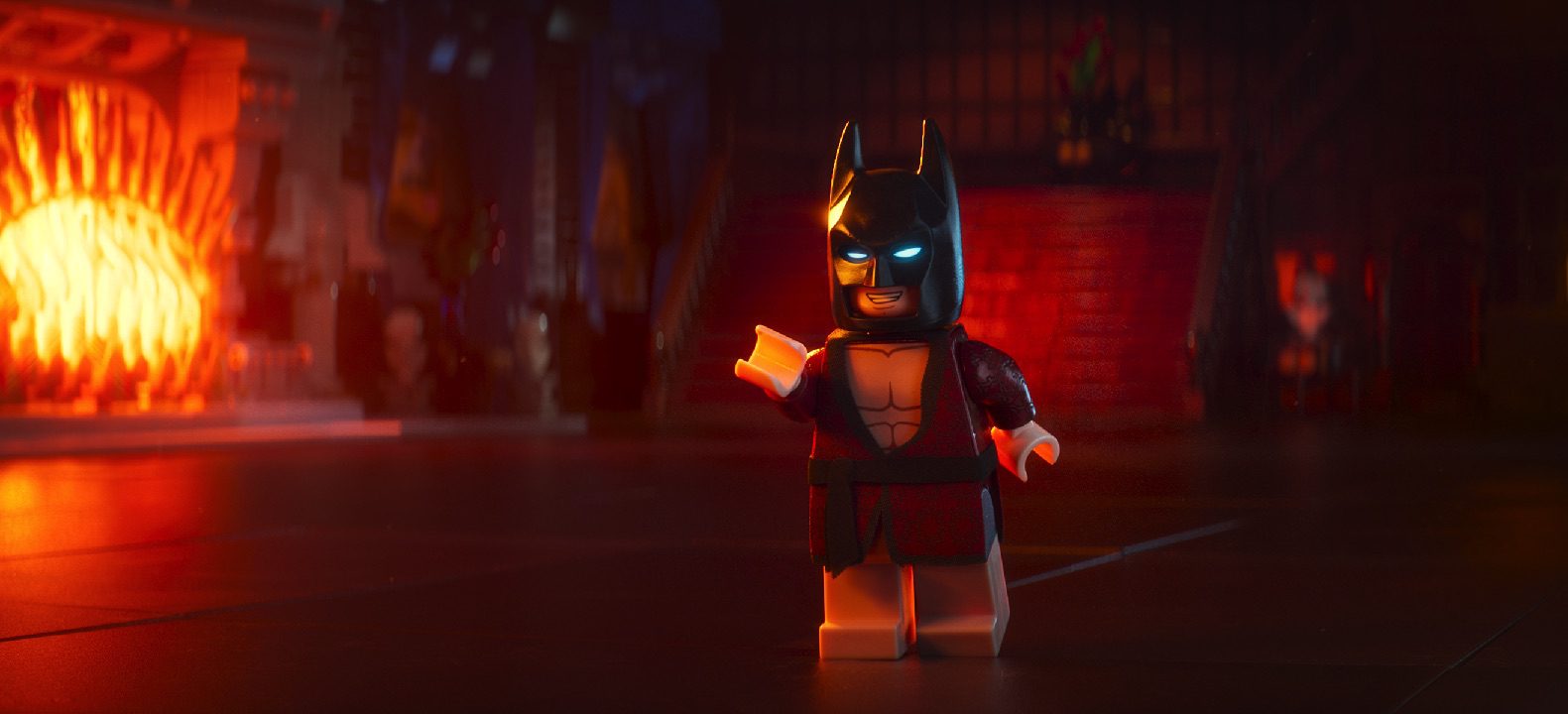 Batman (Will Arnett) in lounge wear in The Lego Batman Movie. (Warner Bros Pictures)