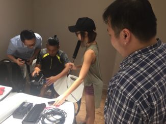 Wee Han (Technical Consultant), Charmaine (Producer), Jian Hui (Director of Photography) testing out the boom mike while I use eye power to assist.