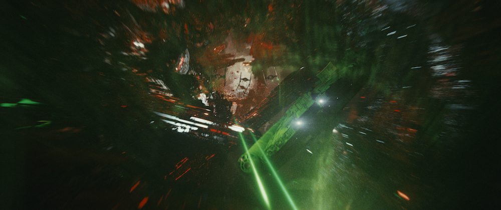 The Millennium Falcon being chased by First Order TIE Fighters in  "Star Wars: The Last Jedi" (Walt Disney Pictures)