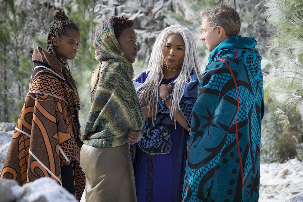 Marvel Studios’ BLACK PANTHER..L to R: Shuri (Letitia Wright), Nakia (Lupita Nyong’o), Ramonda (Angela Bassett) and Everett K. Ross (Martin Freeman)..Photo: Matt Kennedy..©Marvel Studios 2018 Marvel Studios' BLACK PANTHER..L to R: Shuri (Letitia Wright), Nakia (Lupita Nyong'o), Ramonda (Angela Bassett) and Everett K. Ross (Martin Freeman)..Photo: Matt Kennedy..©Marvel Studios 2018