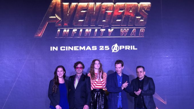 Trinh Tran (executive producer), Robert Downey Jr. (Iron Man), Karen Gillan (Nebula), Benedict Cumberbatch (Doctor Strange), and Joe Russo (director) from “Avengers: Infinity War”.