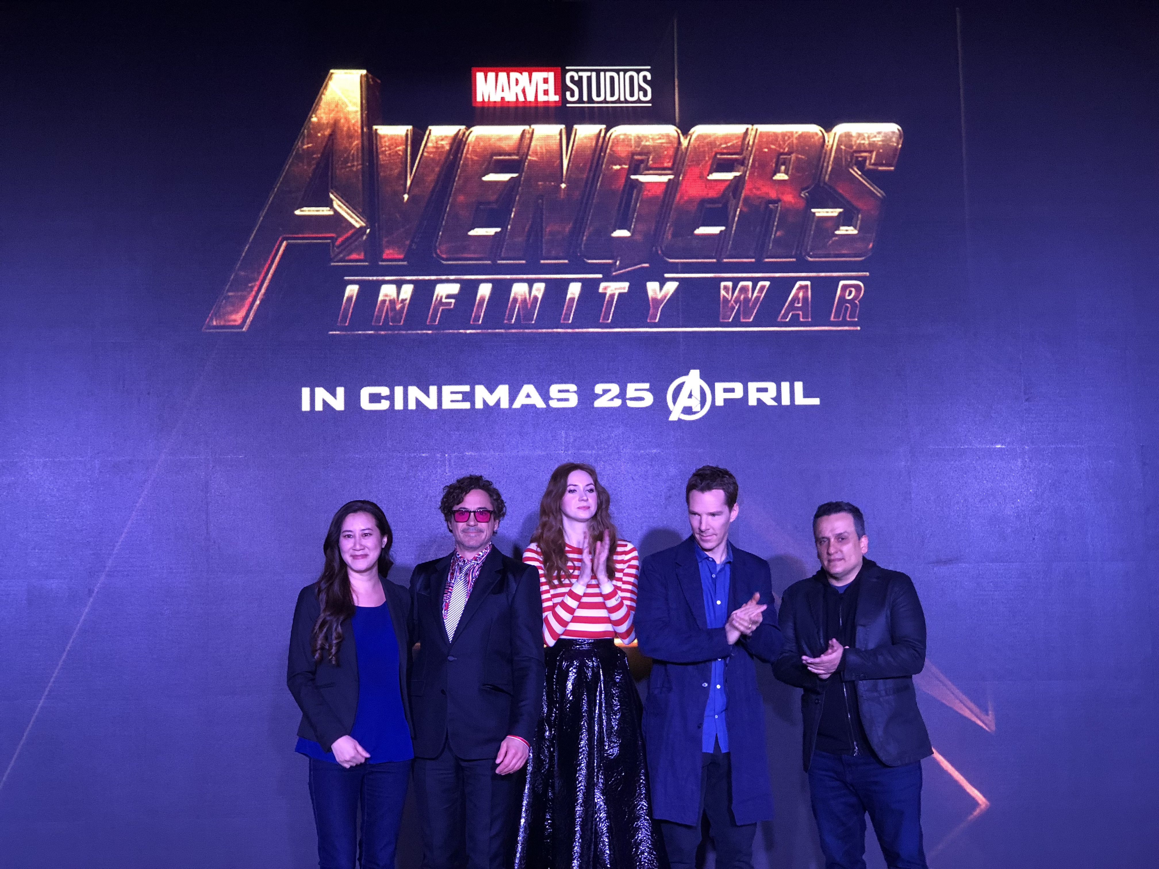 Trinh Tran (executive producer), Robert Downey Jr. (Iron Man), Karen Gillan (Nebula), Benedict Cumberbatch (Doctor Strange), and Joe Russo (director) from “Avengers: Infinity War”.