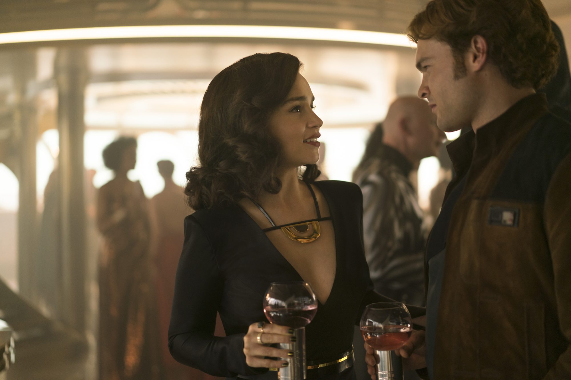 Emilia Clarke is Qi’ra and Alden Ehrenreich is Han Solo in SOLO: A STAR WARS STORY. (Walt Disney Pictures)