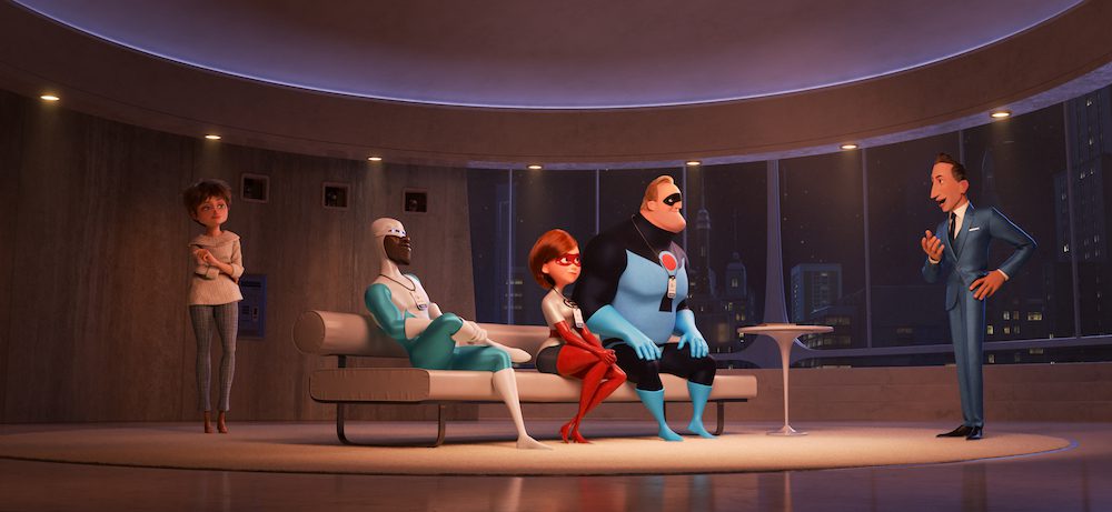 SUPER FANS – In “Incredibles 2,” savvy siblings and business partners Evelyn and Winston Deavor summon Frozone, Elastigirl and Mr. Incredible to share a plan designed to ultimately make Supers legal again. Featuring Catherine Keener as the voice of Evelyn, Samuel L. Jackson as the voice of Frozone, Holly Hunter as the voice of Elastigirl, Craig T. Nelson as the voice of Mr. Incredible and Bob Odenkirk as the voice of Winston. (Walt Disney Studios)
