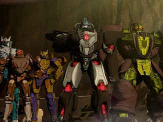 Tigatron (Beau Marie), Rattrap (Frank Todaro), Optimus Primal (Justin Pierce), and Rhinox (Andy Barnett) in Transformers: War for Cybertron: Kingdom (Still: Netflix)