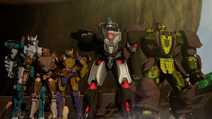 Tigatron (Beau Marie), Rattrap (Frank Todaro), Optimus Primal (Justin Pierce), and Rhinox (Andy Barnett) in Transformers: War for Cybertron: Kingdom (Still: Netflix)