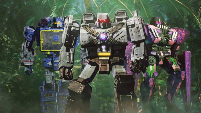 Soundwave (Edward Bosco), Megatron (Jason Marnocha), and Predacon Megatron (Marqus Bobesich) in Transformers: War for Cybertron: Kingdom. (Image: Netflix)