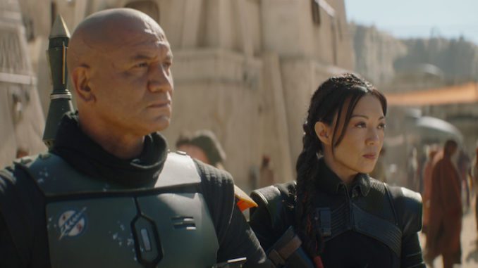 Temura Morrison is Boba Fett and Ming-Na Wen is Fennec Shand in Lucasfilm's THE BOOK OF BOBA FETT, exclusively on Disney+. © 2021 Lucasfilm Ltd. & ™. All Rights Reserved.