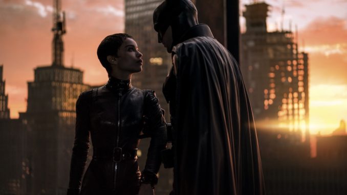 Catwoman (Zoë Kravitz) and Batman (Robert Pattinson) in The Batman. (Still: Warner Bros Pictures)