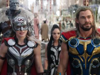 Korg (Taika Waititi), Mighty Thor (Natalie Portman), Valkyrie (Tessa Thompson), and Thor (Chris Hemsworth) in Thor: Love and Thunder. (Image: Marvel Studios)