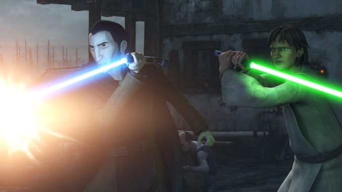 Count Dooku (Crey Burton) and Qui-Gon Jinn (Micheál Richardson) in Tales of the Jedi. (Image: Disney+)