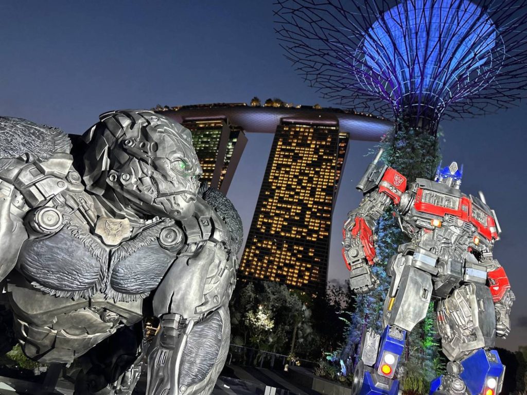 Optimus Prime and Optimus Primal statues at Gardens By The Bay. (PHOTO: UIP)